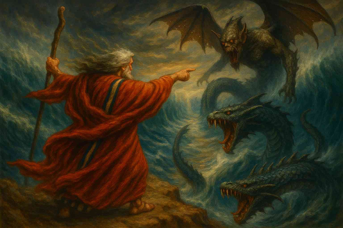 Dark Fantasy wallpaper depicting an epic battle between a powerful mage and a leviathan sea monster, set in a stormy ocean with dramatic, fiery visual elements. Created by Marcel W-Dagrou, perfect for fantasy art fans, gamers, and those who want a dynamic, mythological scene for their digital environment.