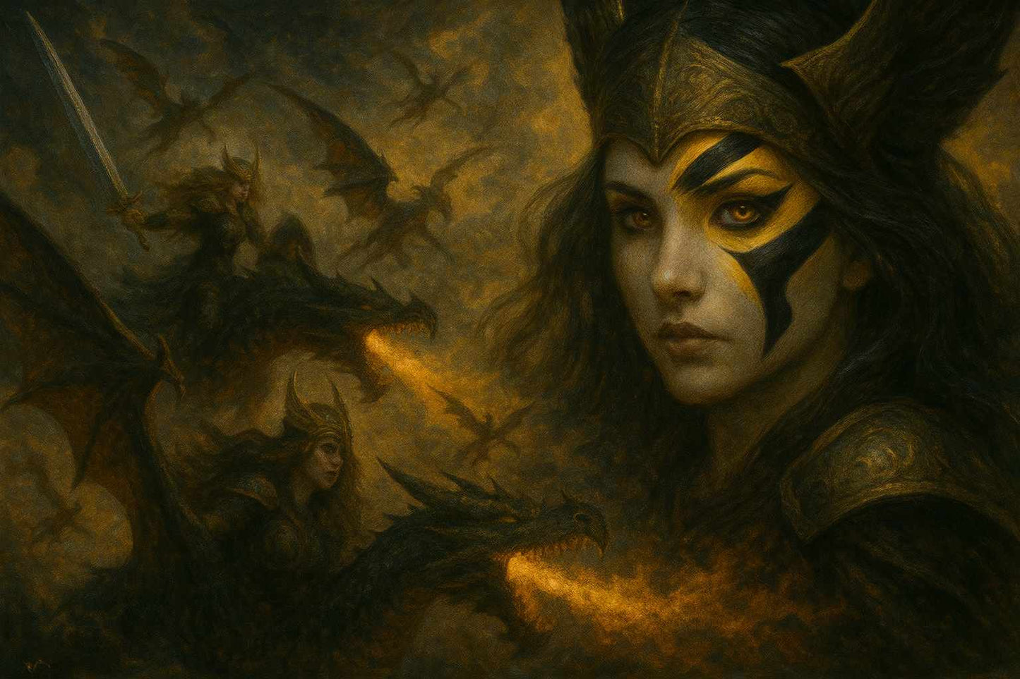 PC Wallpaper – Dark Fantasy Valkyrie Queen with Dragons – Epic Battle