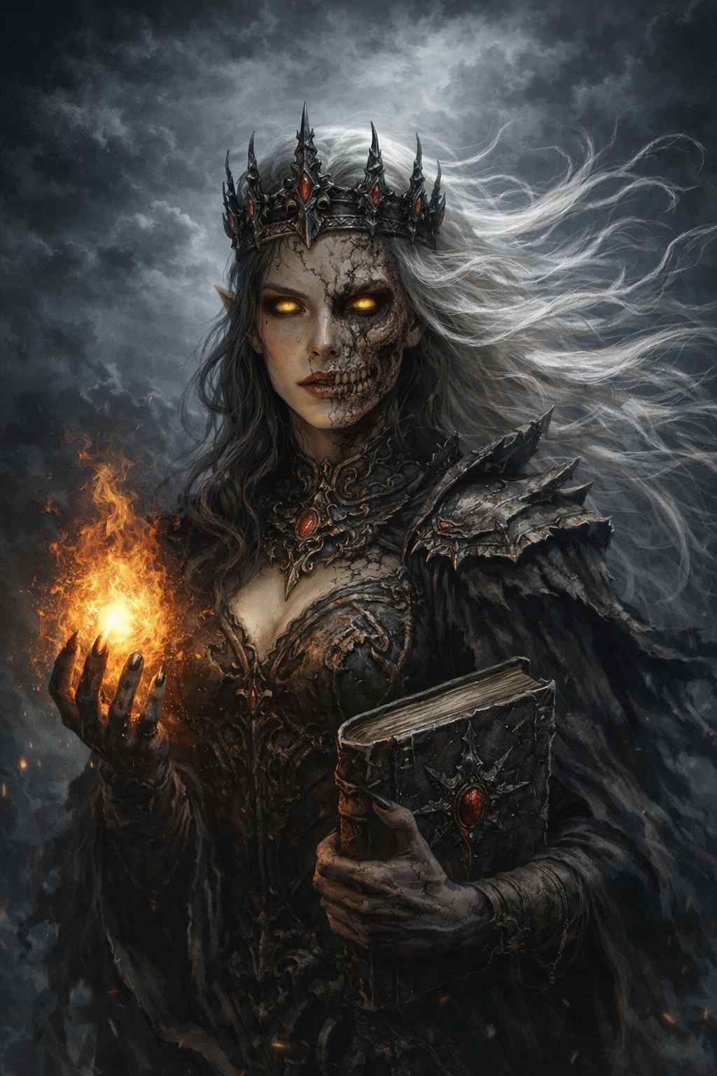 Dark fantasy mobile wallpaper showing a half-skeletal sorceress queen with glowing golden eyes, holding a blazing sphere of fire in one hand and a cursed grimoire in the other, her storm-torn hair and scorched armor illuminated by embers and swirling darkness for a dramatic, magical atmosphere.