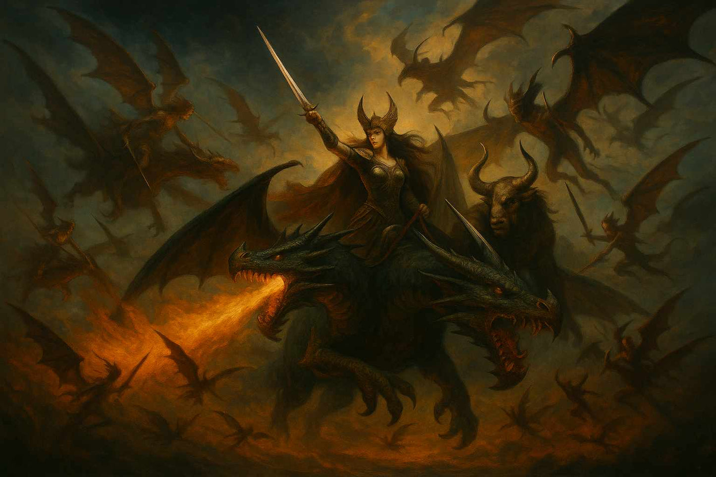 Dark fantasy PC wallpaper depicting a Valkyrie Queen riding a massive dragon while leading a powerful dragon army through fire and smoke. The scene conveys domination, strength, and mythological warfare, designed for gamers and fantasy enthusiasts seeking an immersive, high-impact desktop background.