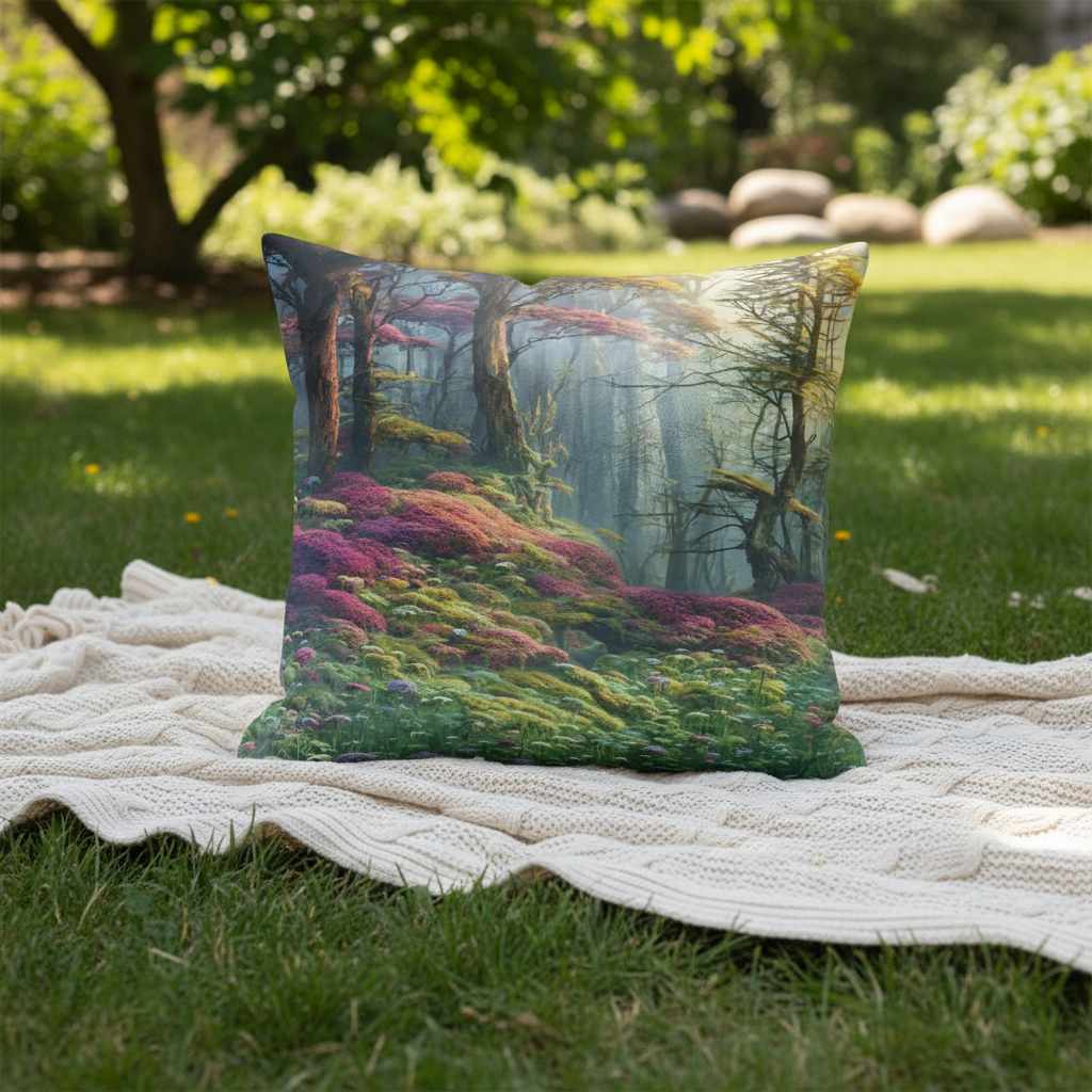 All-Over Print Basic Pillow placed on a knitted blanket in a garden, featuring The Forest in Bloom design with moss, wildflowers, soft greens, pinks, and violet tones. Trees and filtered sunlight in the background highlight the serene forest atmosphere.