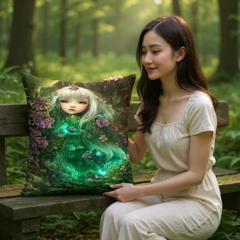 Artistic pillow with a green fantasy girl design, detailed illustration of ethereal character surrounded by flowers and glowing forest tones, decorative cushion held by a woman sitting on a wooden bench in nature, home décor accent with vivid colors