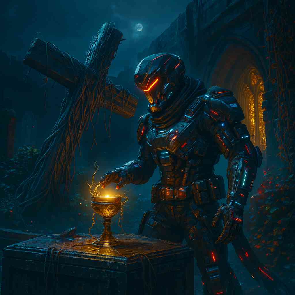 Cybernetic armored sentinel standing in a dark ruined sanctuary, illuminated by glowing circuitry and a golden relic on a stone altar, roots and shadows surrounding the scene, creating a cinematic dystopian atmosphere designed for smartphone lock screen and home screen use