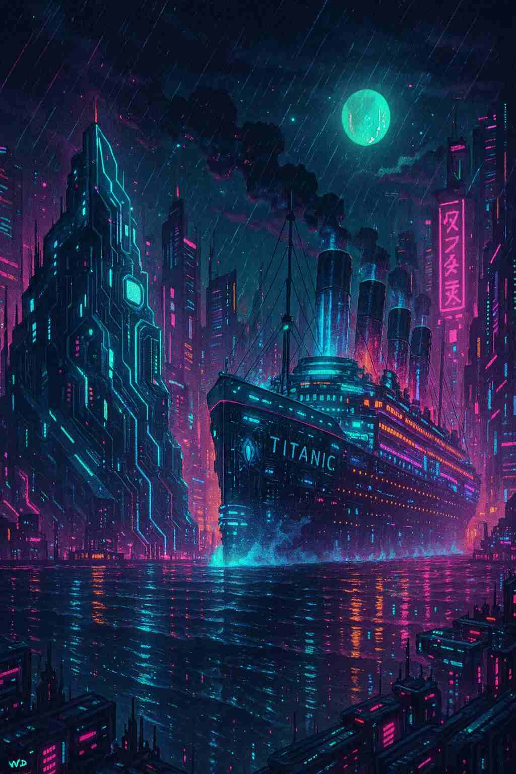 Colossal futuristic ocean liner sailing through a neon cyberpunk megacity at night, glowing cyan and magenta lights reflecting on dark water, towering skyscrapers and falling rain under a green moon, creating an epic dystopian scene designed for smartphone lock screen and home screen use
