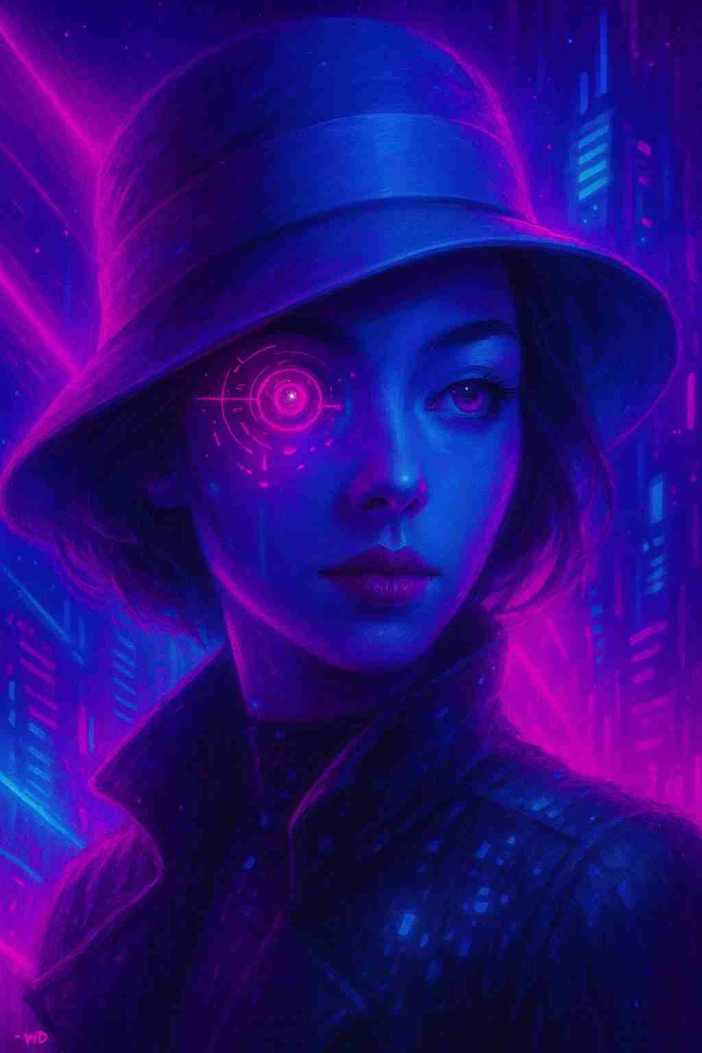 Cyberpunk woman wearing a wide brim hat with a glowing cybernetic eye, neon magenta and blue light illuminating her face as digital city patterns rise behind her, creating a mysterious futuristic portrait designed for smartphone lock screen and home screen use