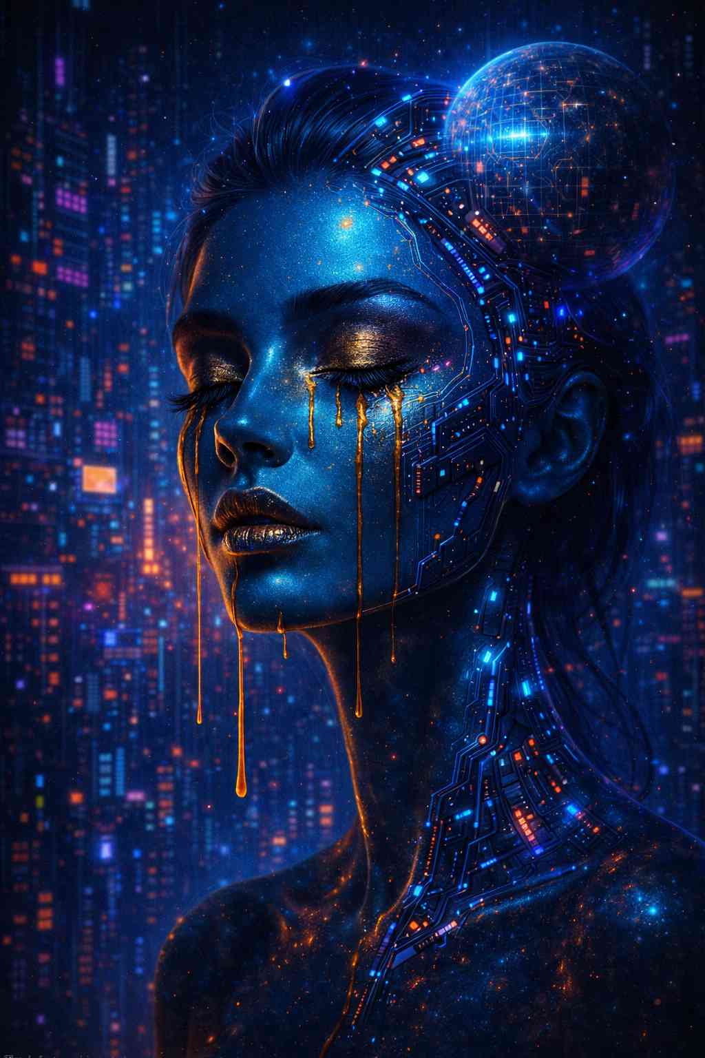 Cyberpunk female android with blue metallic skin and glowing circuit patterns, golden tears flowing from closed eyes, artificial intelligence portrait with digital sphere and neon lights in a futuristic dystopian megacity at night