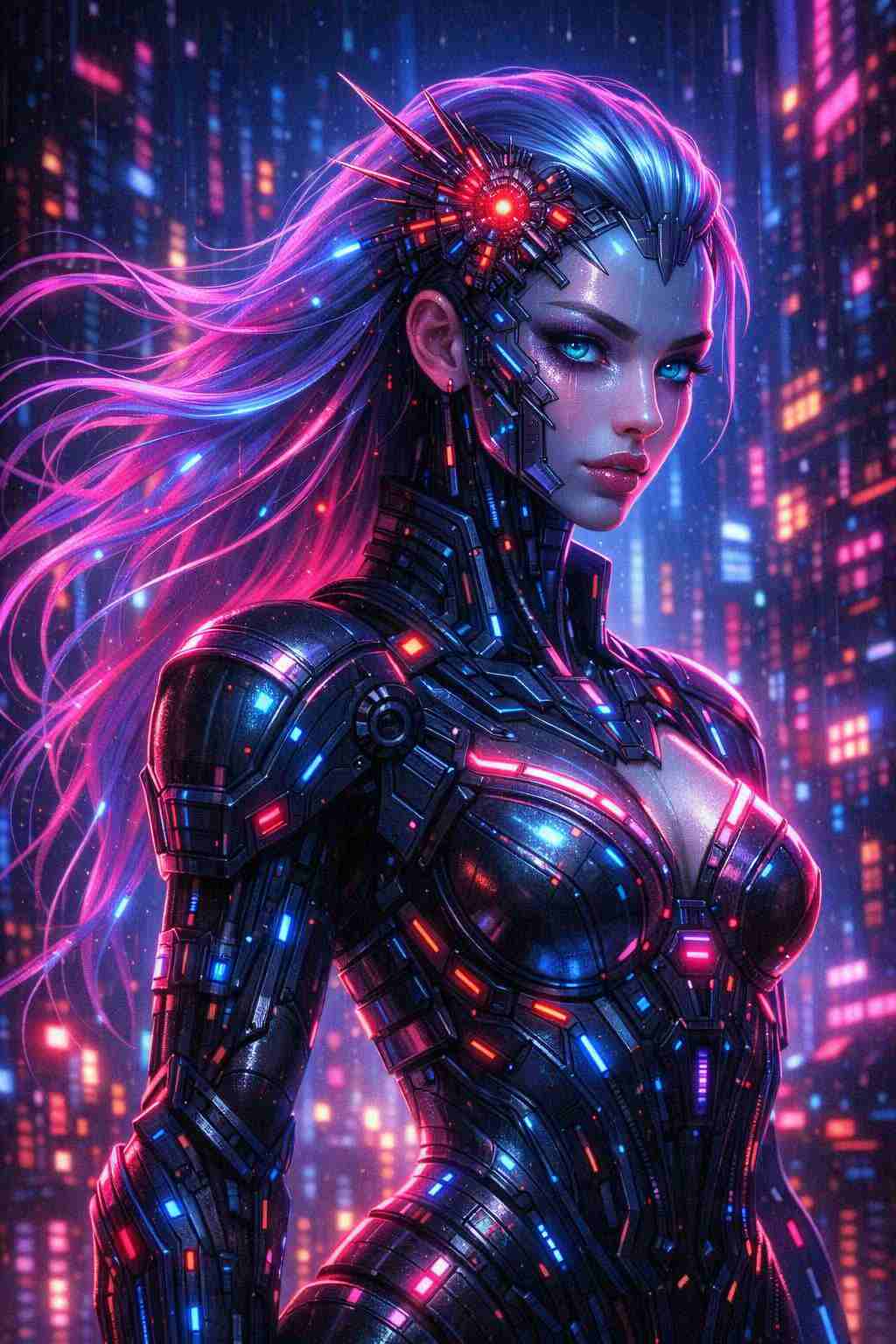 Chrome cyberpunk sentinel standing in a neon city at night, featuring a futuristic female android with glowing red and blue circuitry, metallic armor, illuminated hair and artificial intelligence implants, creating a powerful dystopian sci-fi portrait designed for vertical mobile phone wallpaper use
