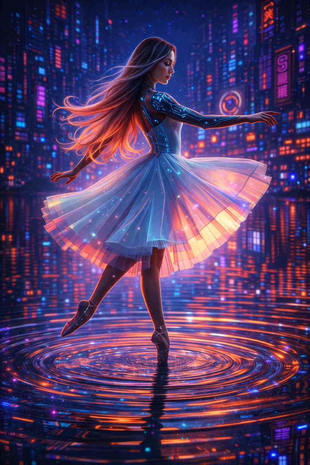 Cyberpunk dancer spinning gracefully on reflective water, wearing a luminous translucent dress with subtle cybernetic details. Neon city lights surround her, casting blue and orange reflections that create a poetic futuristic scene designed for vertical smartphone wallpaper display.