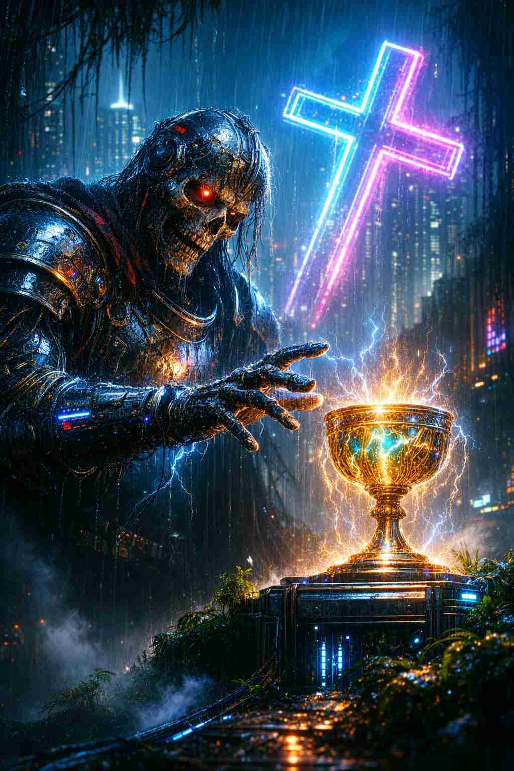 Vertical cyberpunk phone wallpaper showing a battle scarred armored cyborg revenant reaching toward a glowing cracked chalice under a flickering neon cross, rain and electric sparks over a dystopian night city skyline, cinematic sci fi mood for lock screen and home screen background