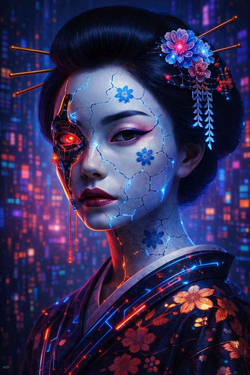 Cyberpunk geisha with porcelain skin and visible cracks glowing blue, featuring a red cybernetic eye and exposed circuitry. Traditional hair ornaments contrast with futuristic neon city lights and digital patterns in the background, creating a calm yet vigilant cyberpunk portrait designed for vertical smartphone wallpaper display.