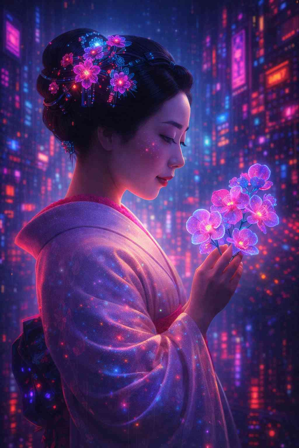Cyberpunk woman in traditional attire holding glowing sakura flowers while standing in a neon city at night. Pink and violet blossoms illuminate her face as digital particles and rain blend with blue and magenta city lights, creating a calm poetic cyberpunk scene designed for vertical smartphone wallpaper display.