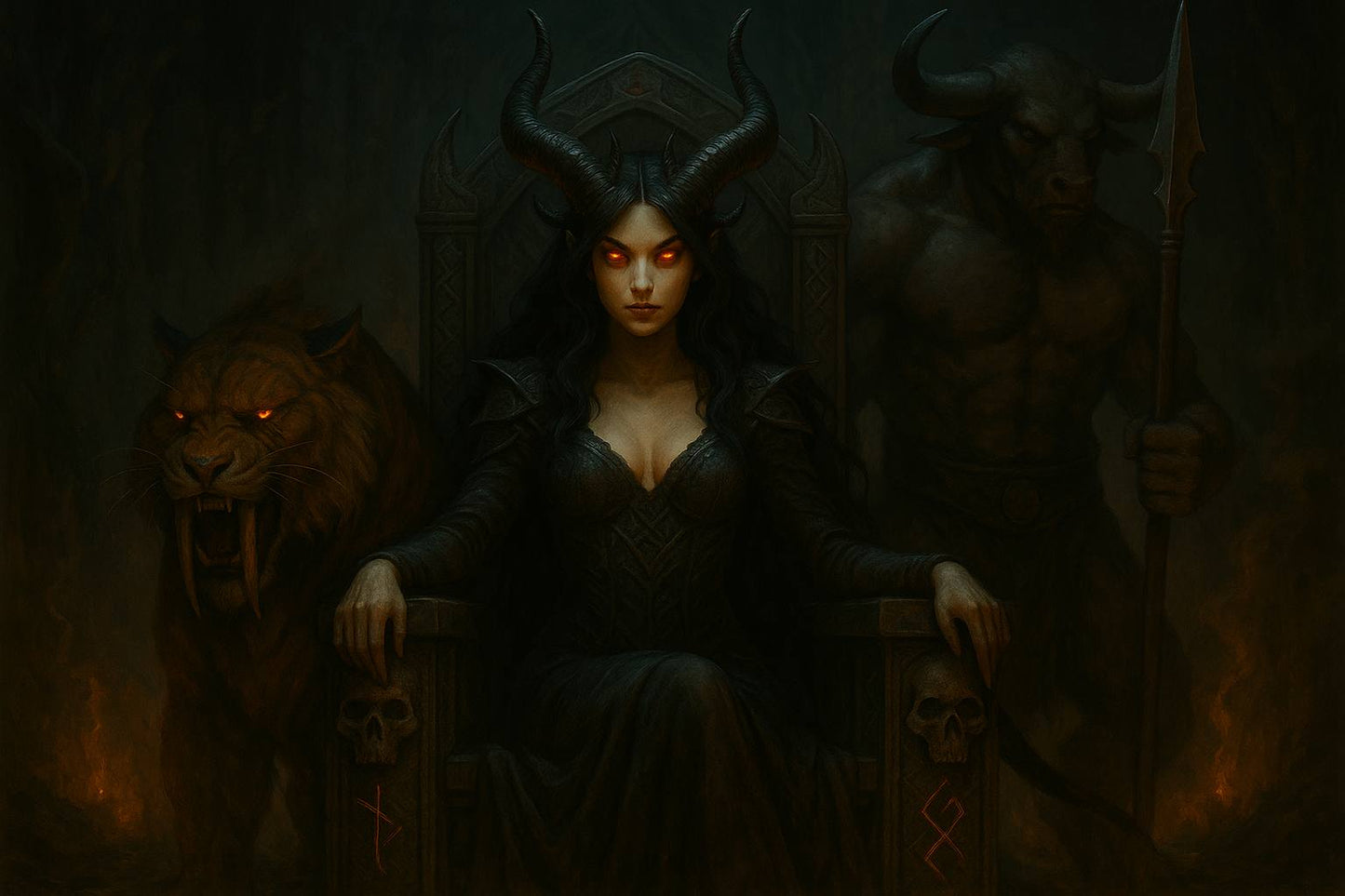 Dark fantasy PC wallpaper showing a demon queen seated on a throne, surrounded by a hell beast and a minotaur guardian. This cinematic digital artwork conveys power, dominance, and mythological darkness, ideal for gaming setups, immersive desktop environments, and fantasy-focused PC customization.