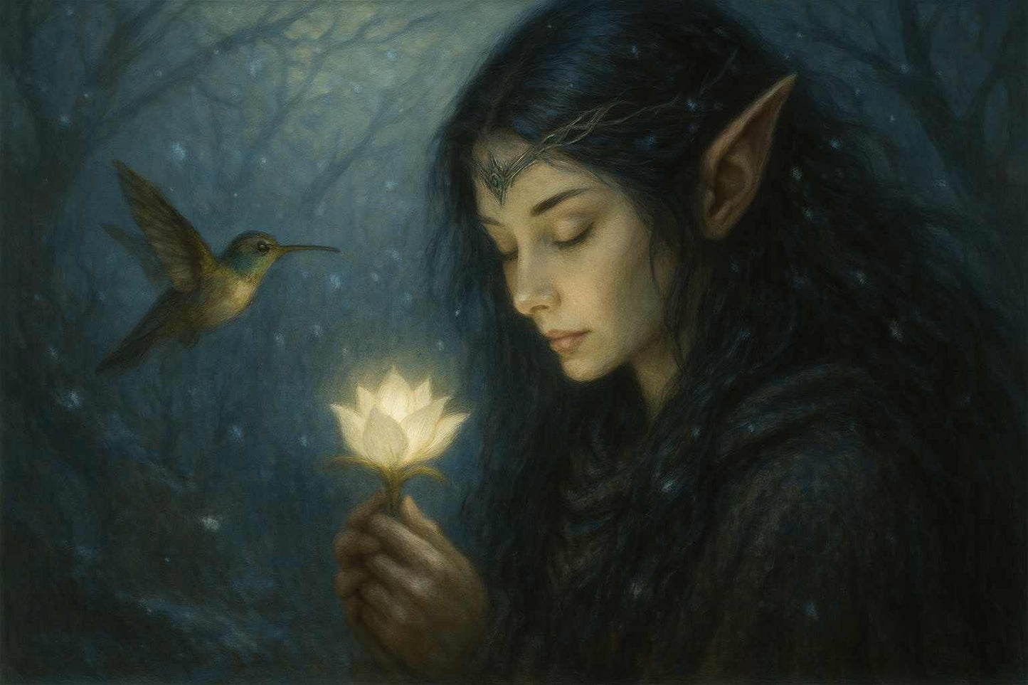 Dark Fantasy Elf Light PC wallpaper featuring a mystical elf in a glowing forest, holding a luminous flower. Surrounded by ethereal light and a mystical hummingbird, this artwork brings the beauty of fantasy creatures and magical environments to life, perfect for Dark Fantasy lovers.