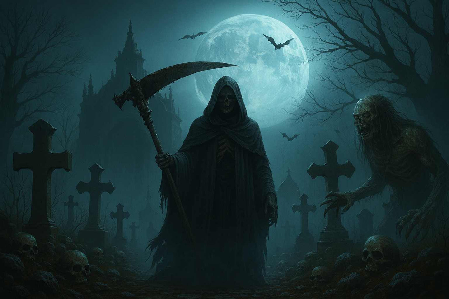 Dark Fantasy Grim Reaper PC wallpaper featuring a reaper in armor holding a scythe, standing in a graveyard under a full moon. Surrounded by undead creatures and skulls, this haunting artwork captures the eerie atmosphere of death and darkness, perfect for gothic fantasy desktop backgrounds.