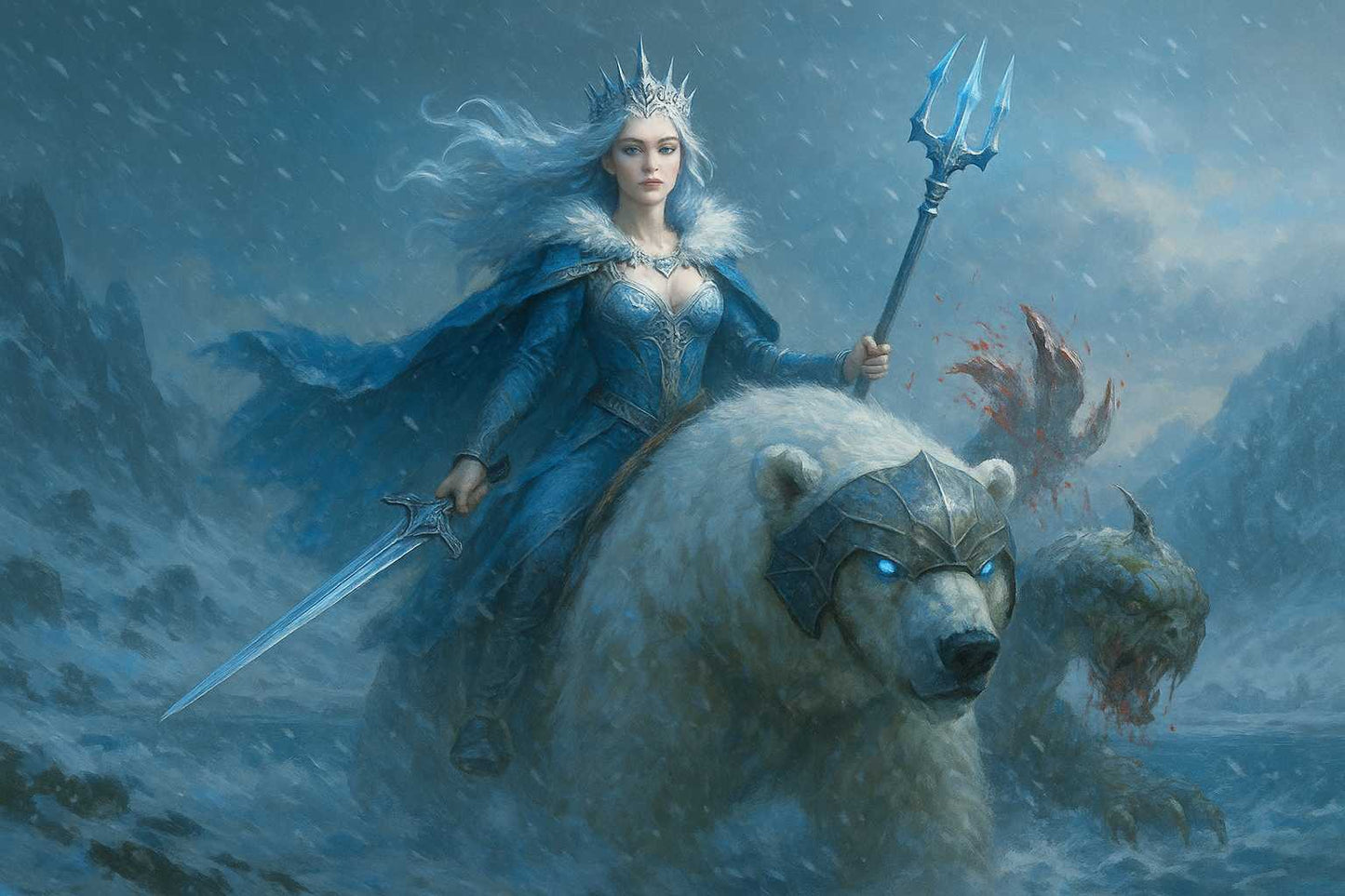 Dark Fantasy Ice Queen PC wallpaper featuring a queen riding a polar bear with glowing sword and trident, battling a serpent in a snowy, frozen landscape. Perfect for fans of dark fantasy and epic battles.