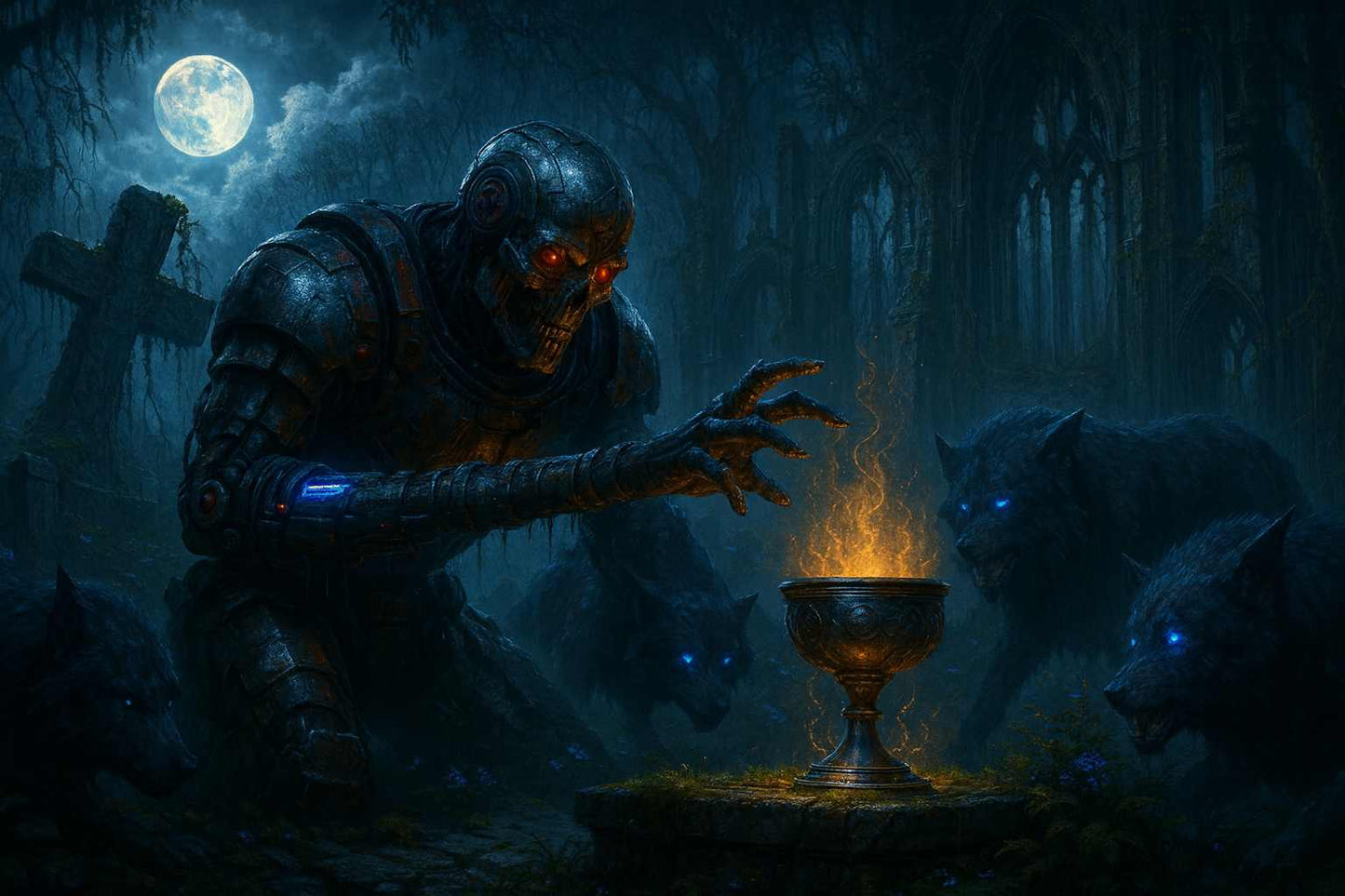 Dark Fantasy Iron Guardian PC wallpaper featuring a cybernetic warrior with glowing-eyed wolves in a ruined, gothic city under the full moon. Perfect for fans of dark fantasy, cyberpunk art, and supernatural creatures.