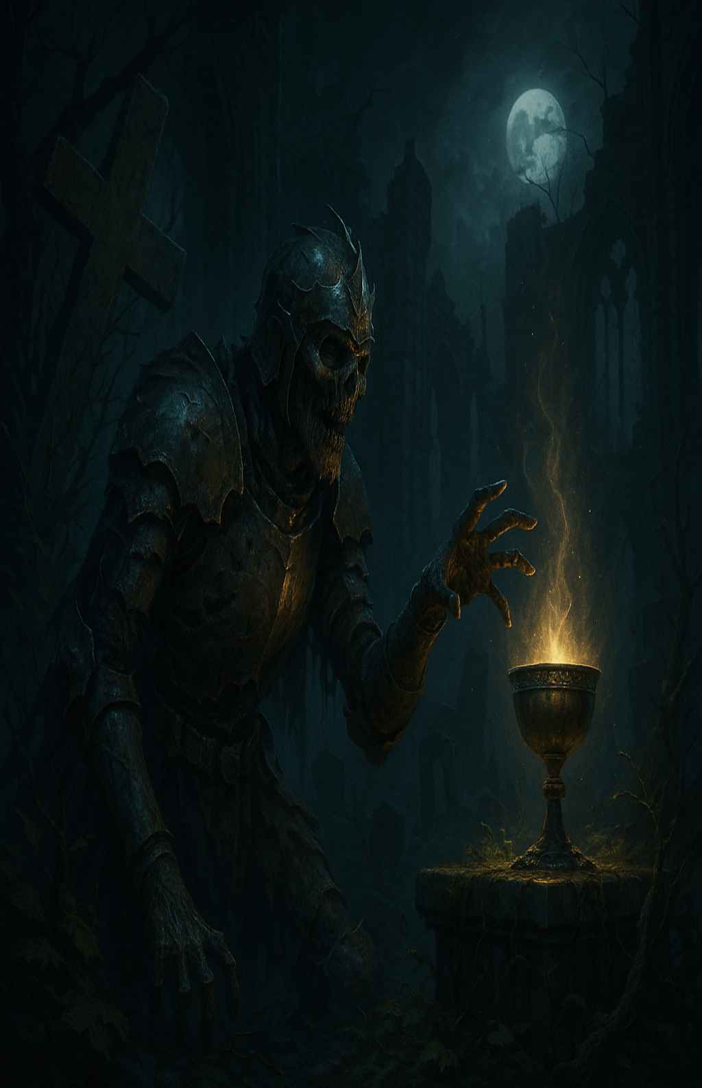 Dark fantasy mobile wallpaper showing a cursed armored knight reaching toward a glowing grail under a full moon in gothic ruins, cinematic dark medieval fantasy atmosphere for phone screens