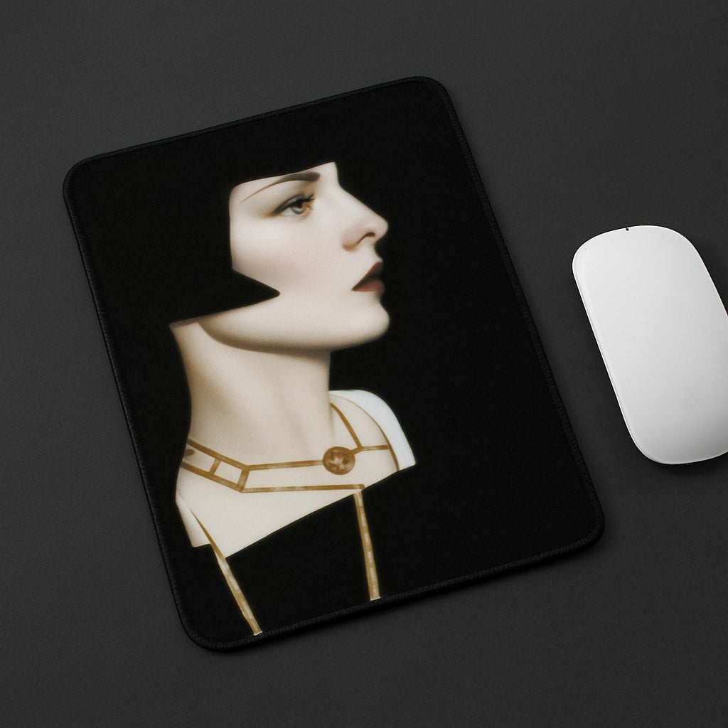 art deco inspired female side profile portrait with geometric black hairstyle ivory skin and refined gold jewelry printed on square mouse pad placed on dark desk beside white computer mouse showing realistic scale for elegant home office creative studio and modern workspace decor