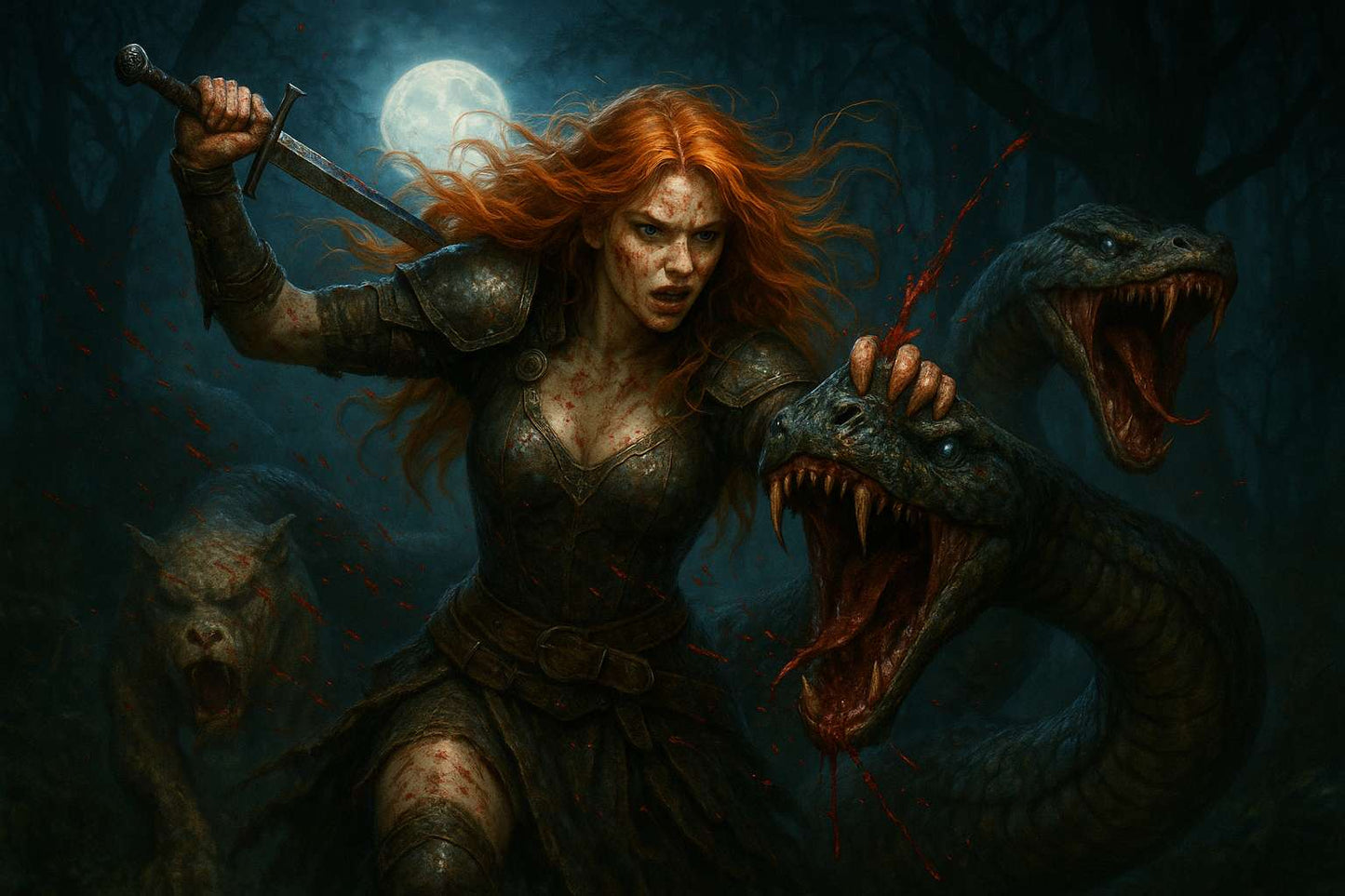 Dark Fantasy wallpaper featuring a fierce warrior in blood-stained armor fighting monstrous serpent beasts under a blood-red moon. Surrounded by a snarling wolf and set in a dark forest, capturing an epic battle scene. Perfect for PC backgrounds
