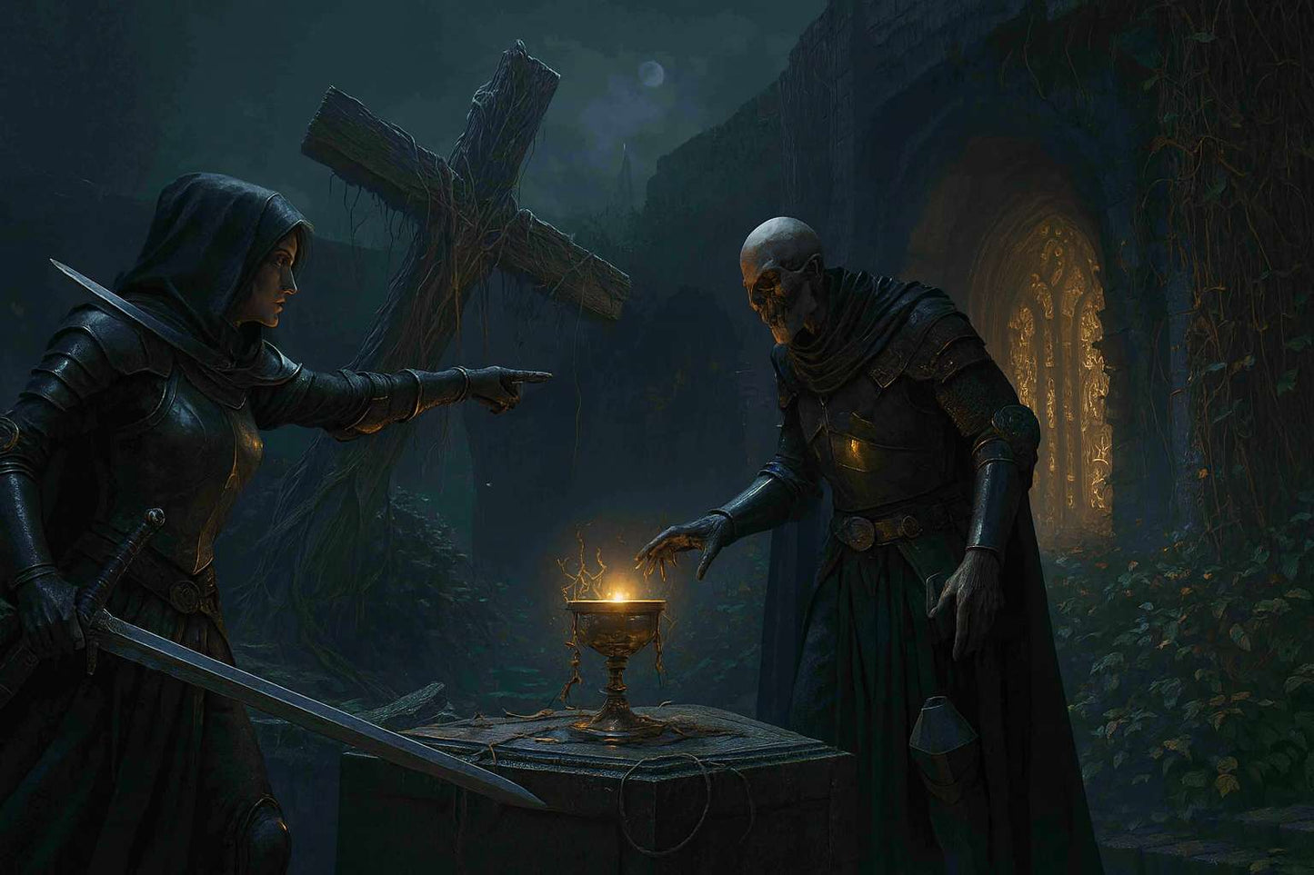 Dark Fantasy wallpaper featuring a fierce warrior confronting an undead sorcerer in a cursed graveyard. The sorcerer channels dark magic from a glowing chalice, with the moonlight casting eerie shadows. Perfect for PC backgrounds.