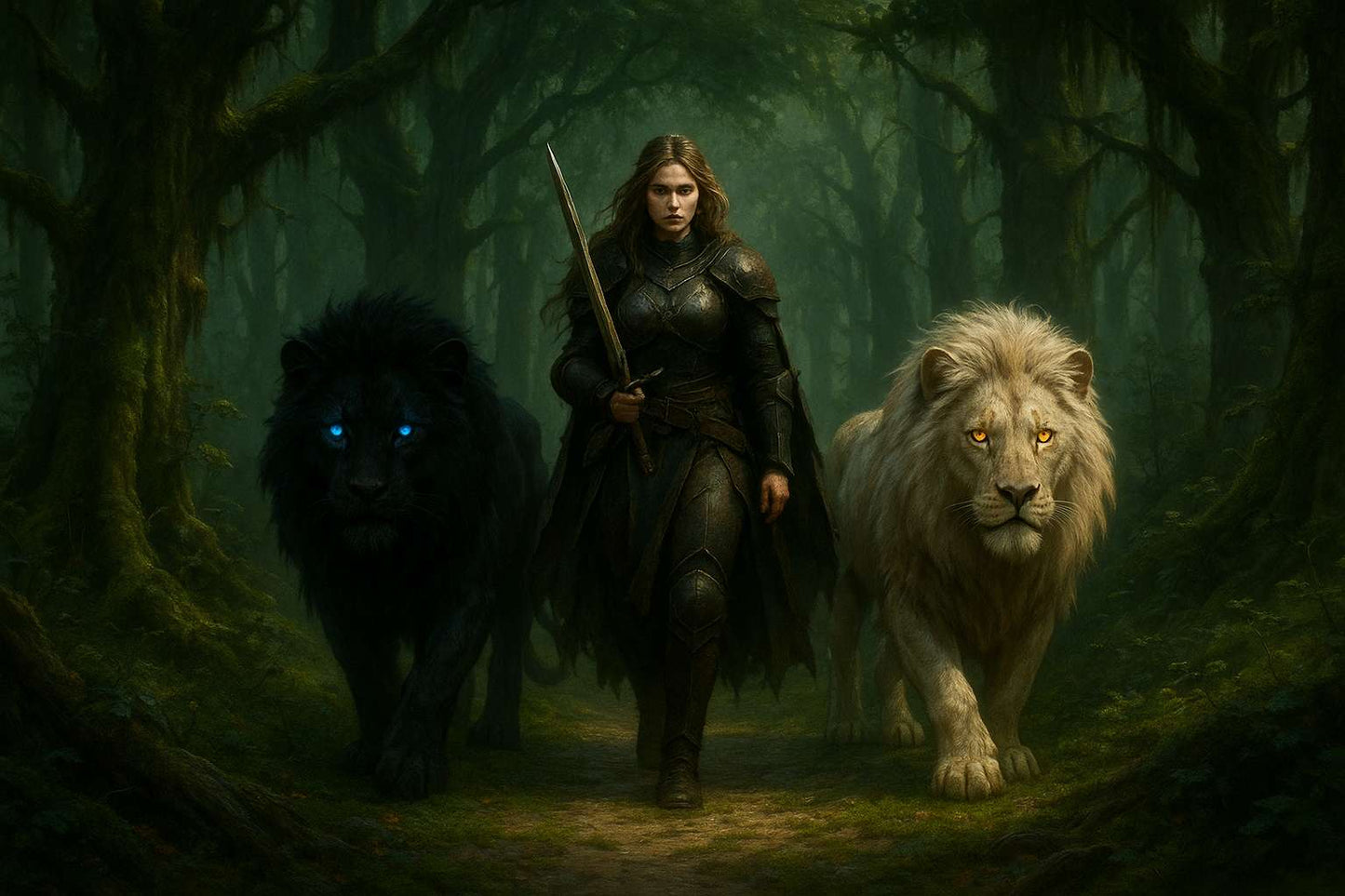Dark Fantasy wallpaper featuring a powerful warrior queen with two magical lions, one with glowing blue eyes and the other with golden eyes. Set in an enchanted forest under the moonlight, this epic fantasy scene embodies strength, magic, and adventure