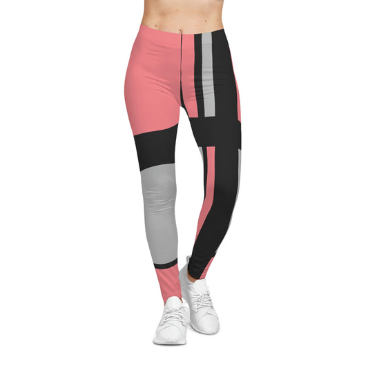 Women's Casual Leggings featuring a soft pink, black, and gray 60s-inspired geometric design; artistic, elegant, and vintage-modern, created by allmyart.net for a bold yet feminine look.