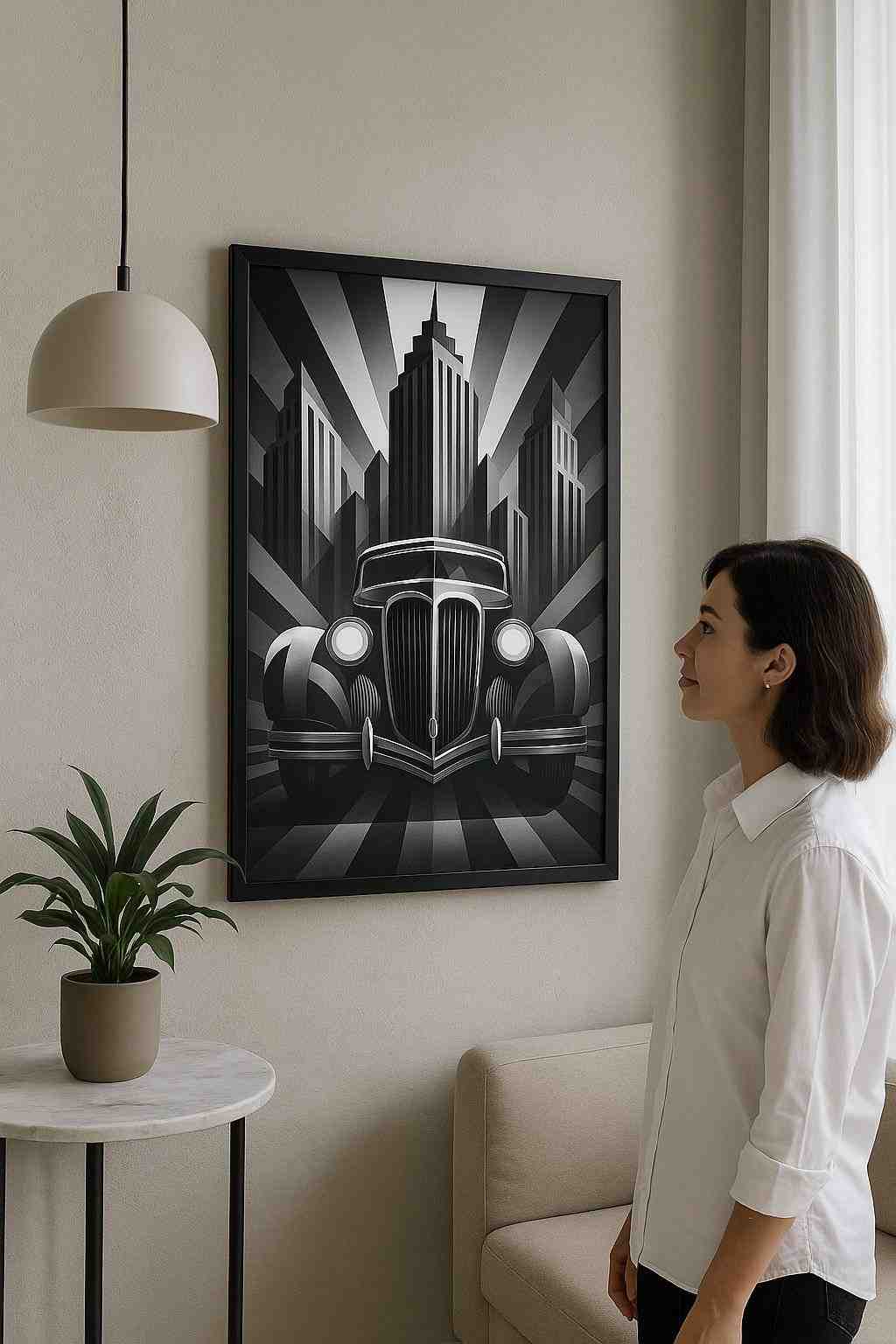 Art Deco framed poster “Shadow City” displayed in a modern interior — a black-and-white geometric cityscape with a vintage car and skyscrapers, symbolizing elegance, confidence, and cinematic 1930s style wall art.