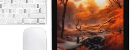 Artistic autumn forest mouse pad with warm golden trees soft light and nature inspired landscape design placed near keyboard cozy workspace atmosphere fall decor inspiration gift idea