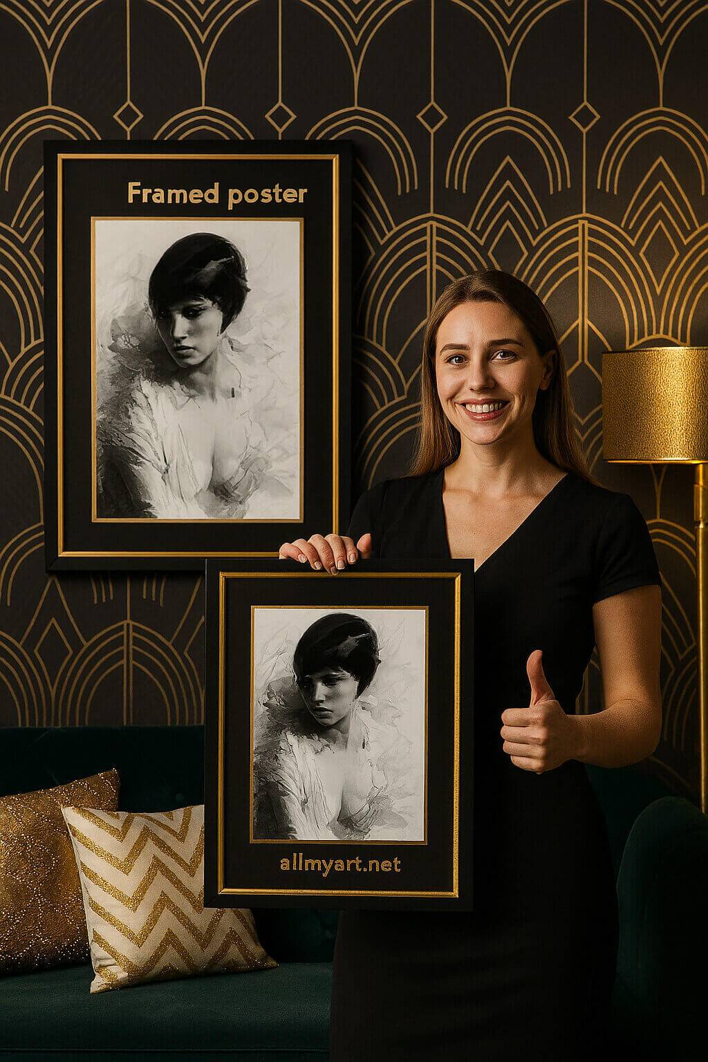 Woman smiling while holding a framed Art Deco style black and white portrait in a modern interior with geometric wallpaper, golden accents, and decorative pillows, symbolizing artistic lifestyle and elegant wall art