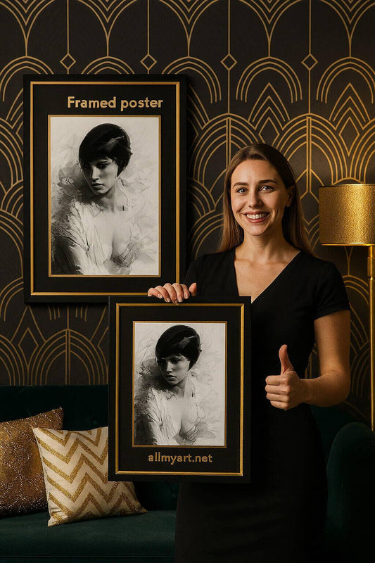Woman smiling while holding a framed Art Deco style black and white portrait in a modern interior with geometric wallpaper, golden accents, and decorative pillows, symbolizing artistic lifestyle and elegant wall art