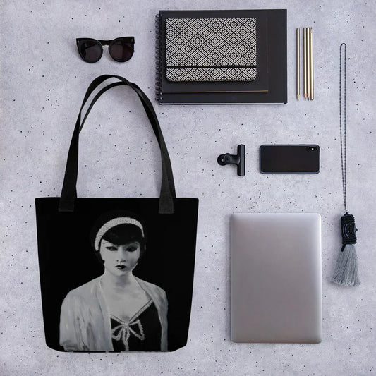 Tote bag featuring a vintage black-and-white portrait of a woman with headband, artistic fashion accessory, modern art design, perfect for work, school, or everyday style.