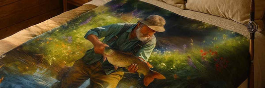 Plaid artistique pêcheur dans une chambre rustique, couverture premium avec illustration vintage d’homme tenant un poisson, style peinture naturelle, décor chaleureux bois et lumière douce, plaid décoratif lit allmyart.