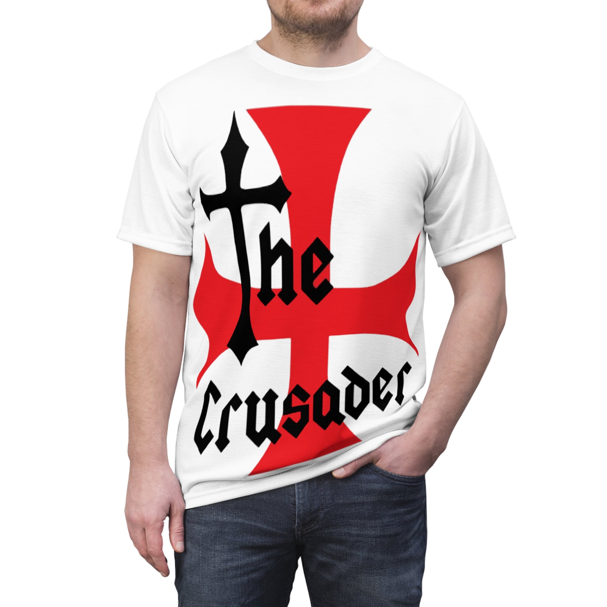 Man wearing a white unisex t-shirt with a large red crusader cross and gothic black text reading "The Crusader" – medieval Templar design by allmyart.net
