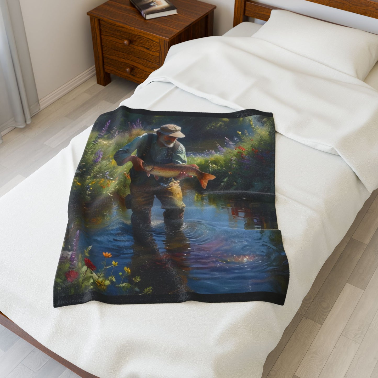 Velveteen Plush Blanket – Fisherman Standing on a Sunlit River