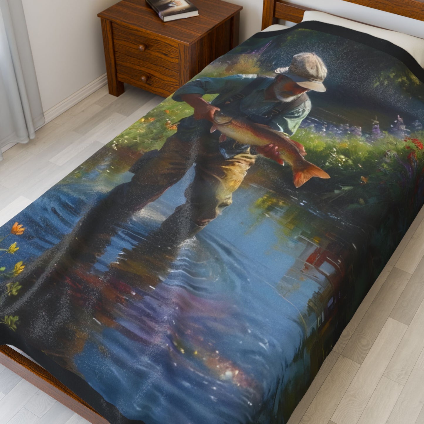 Velveteen Plush Blanket – Fisherman Standing on a Sunlit River