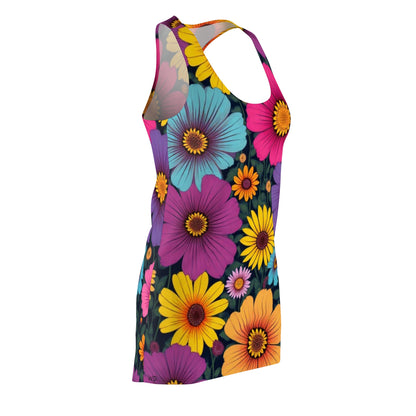Retro 60s Naïve Floral Racerback Dress – Bold Colorful Summer Style