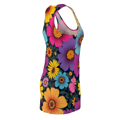 Retro 60s Naïve Floral Racerback Dress – Bold Colorful Summer Style