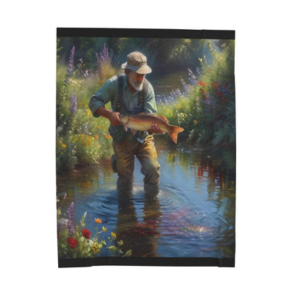 Velveteen Plush Blanket – Fisherman Standing on a Sunlit River