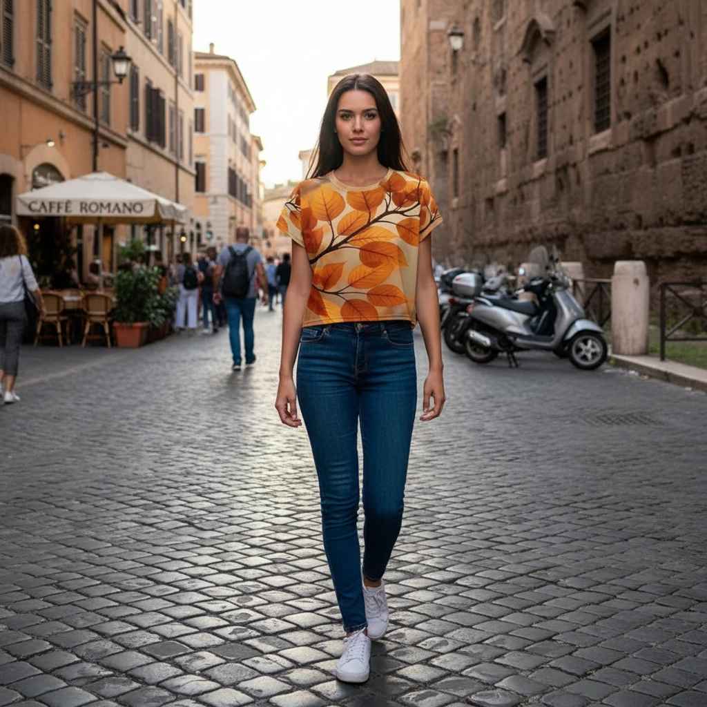 Woman walking on a European cobblestone street wearing a cropped tee with an all over print of golden autumn leaves in amber and sienna tones, botanical branch pattern across the chest, natural city lifestyle scene, realistic fabric drape and fit in daylight