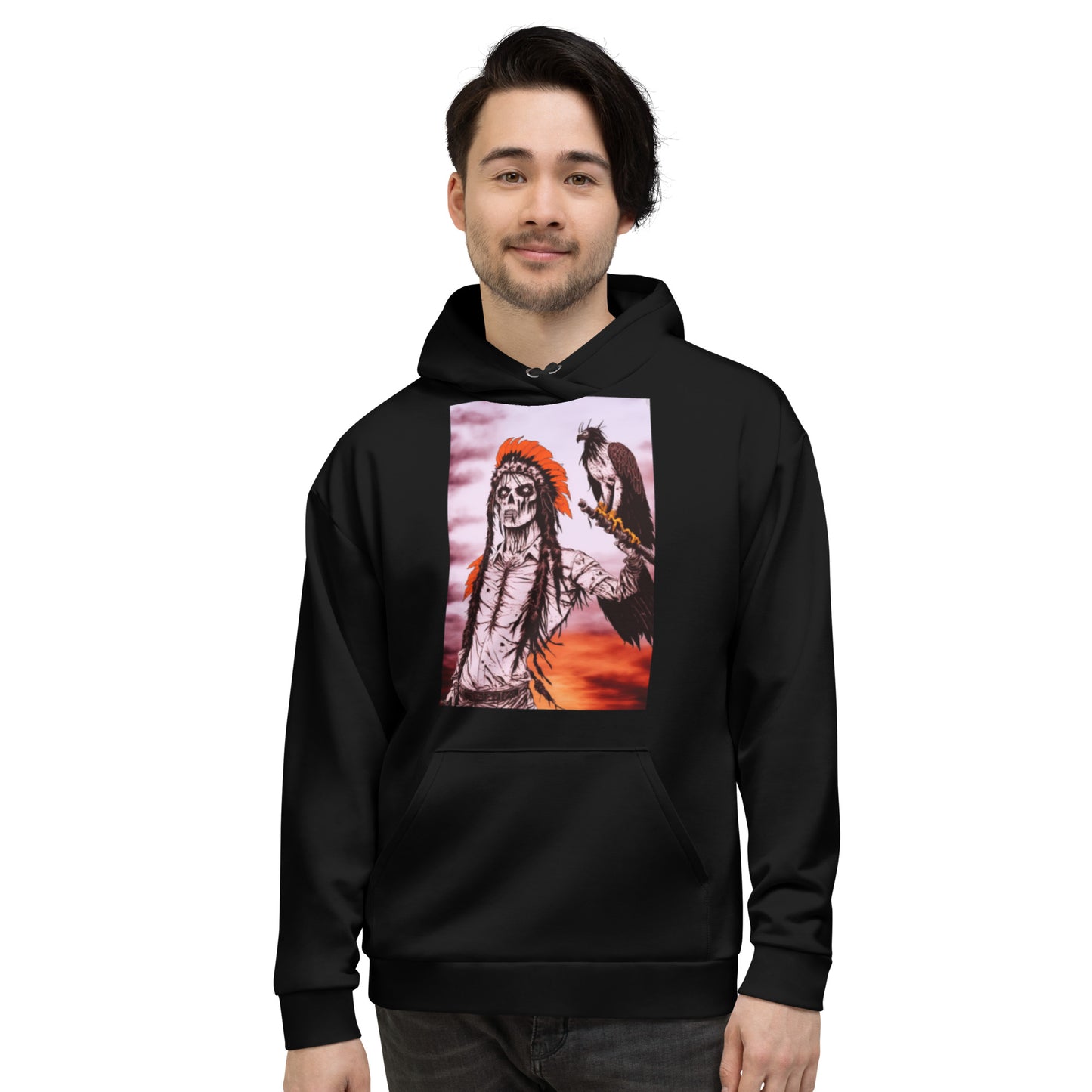 All-Over Print Recycled Unisex Hoodie – The Undead Chief. French cartoon-style zombie Indian chief under a red sky, printed in the USA by a global POD company. Eco-friendly and perfect for Halloween.