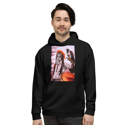 All-Over Print Recycled Unisex Hoodie – The Undead Chief. French cartoon-style zombie Indian chief under a red sky, printed in the USA by a global POD company. Eco-friendly and perfect for Halloween.
