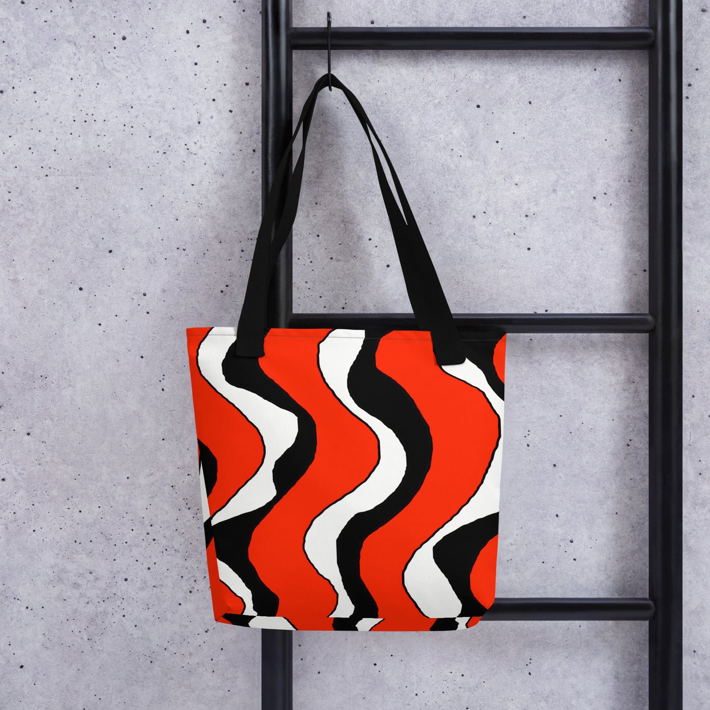 All-Over Print Tote Bag with abstract wavy red, black, and white lines in retro 60s style. Vibrant artistic design, perfect for art and fashion lovers, made of durable fabric with soft cotton handles.