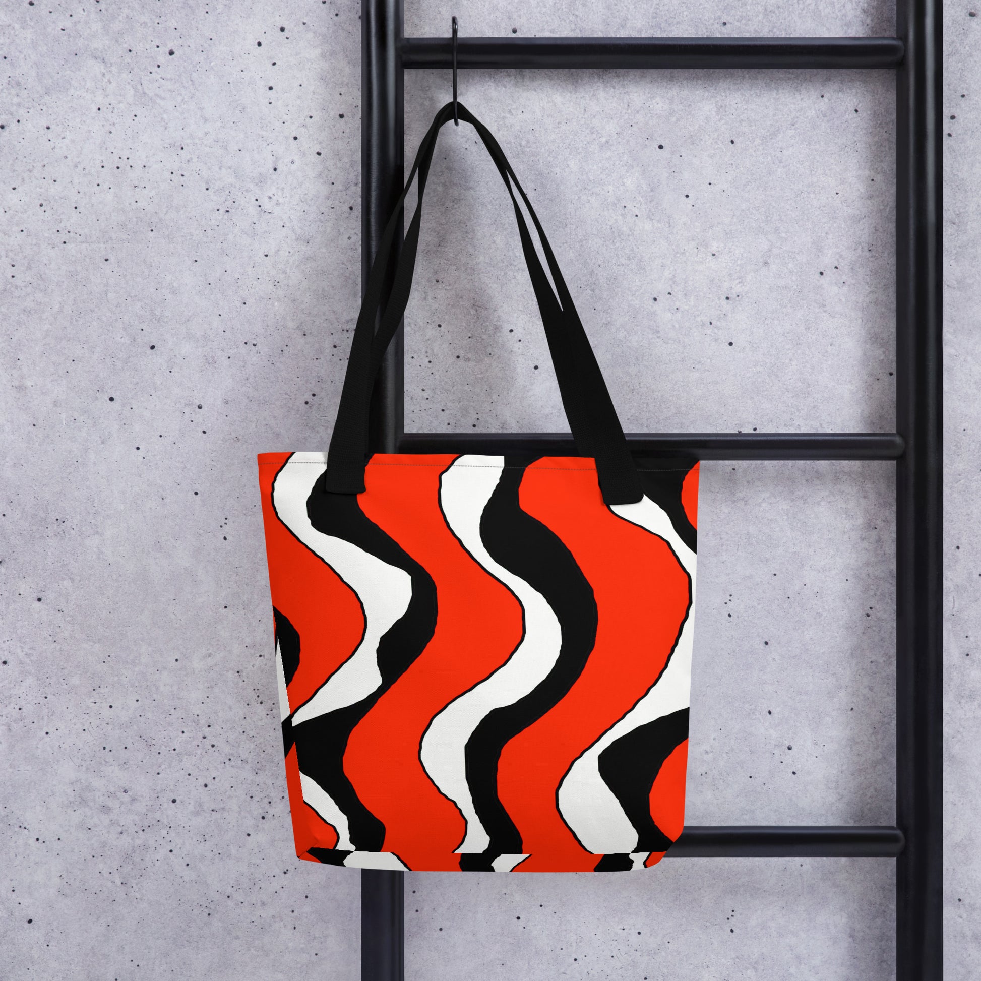 All-Over Print Tote Bag with abstract wavy red, black, and white lines in retro 60s style. Vibrant artistic design, perfect for art and fashion lovers, made of durable fabric with soft cotton handles.
