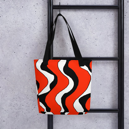 All-Over Print Tote Bag with abstract wavy red, black, and white lines in retro 60s style. Vibrant artistic design, perfect for art and fashion lovers, made of durable fabric with soft cotton handles.