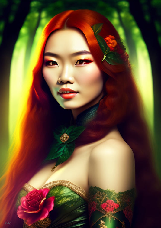 Digital portrait of a red-haired woman dressed in floral and leaf motifs, inspired by Amazon warriors, set against a glowing mystical forest backdrop.