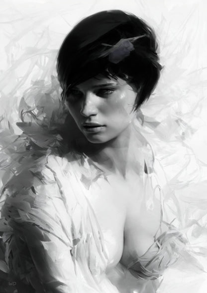 Black and white digital portrait of a mysterious young woman with short dark hair, soft lighting, and abstract textures, titled 'Annie