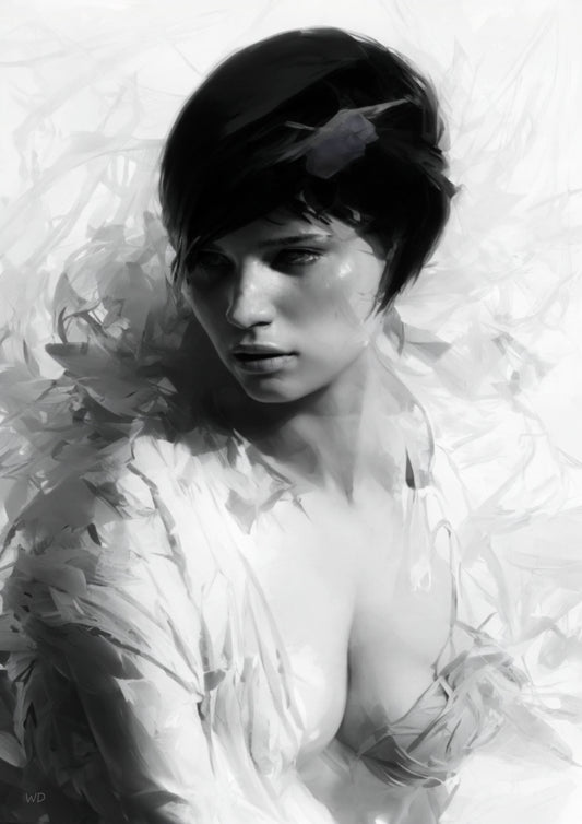 Black and white digital portrait of a mysterious young woman with short dark hair, soft lighting, and abstract textures, titled 'Annie