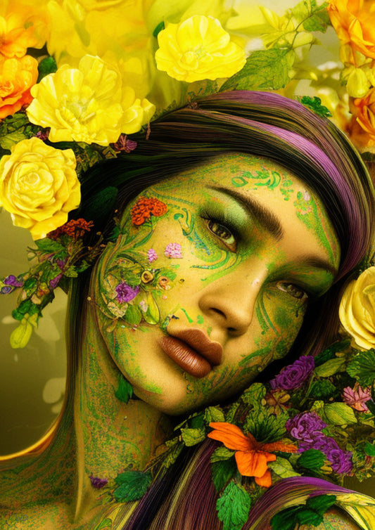 ythological portrait of Chloris, the Greek goddess of flowers, with vibrant floral textures and green plant-like skin in a fantasy digital artwork.