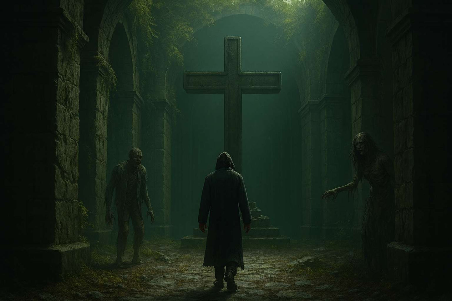 Dark Fantasy wallpaper featuring a cursed cathedral with undead emerging from the shadows. The eerie atmosphere of this scene creates an immersive environment perfect for gamers, fantasy lovers, and horror enthusiasts. Created by Marcel W-Dagrou.