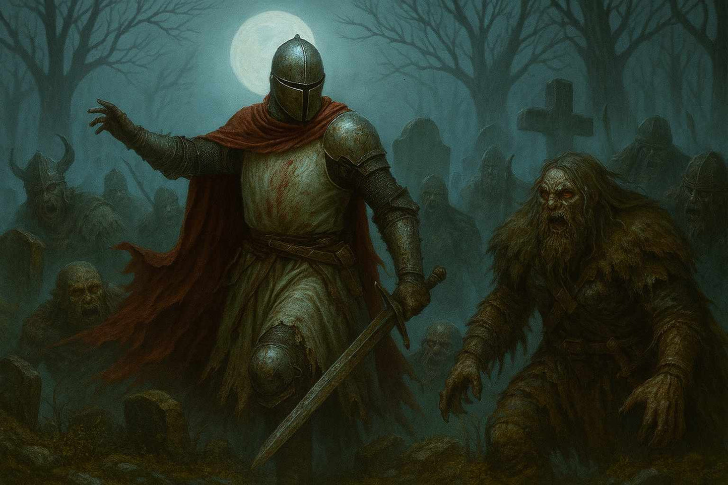 Dark fantasy PC wallpaper showing a medieval knight advancing through a foggy graveyard while undead creatures rise around him under a full moon. This cinematic digital artwork creates a dark, immersive atmosphere, ideal for gaming setups, creative workspaces, and fantasy-themed desktop environments.